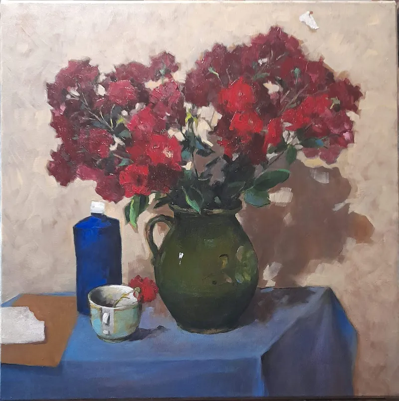Red flowers on a blue cloth — artwork by Andrei Constantin