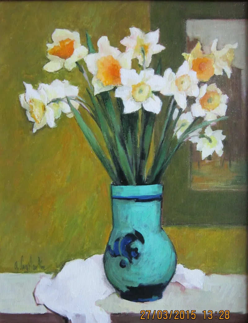 Daffodils in a turquoise vase — artwork by Andrei Constantin