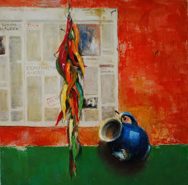 Peppers, a window and a blue jug — artwork by Andrei Constantin