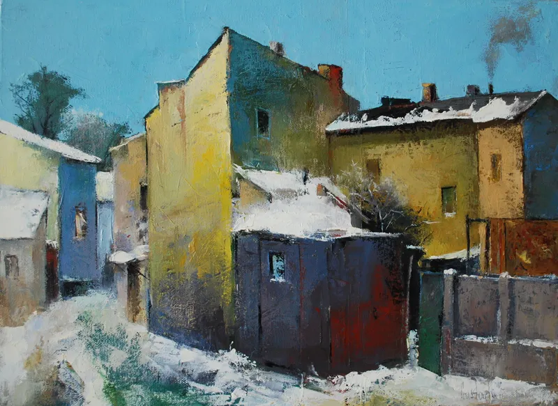 Yellow buildings in the snow — artwork by Andrei Constantin