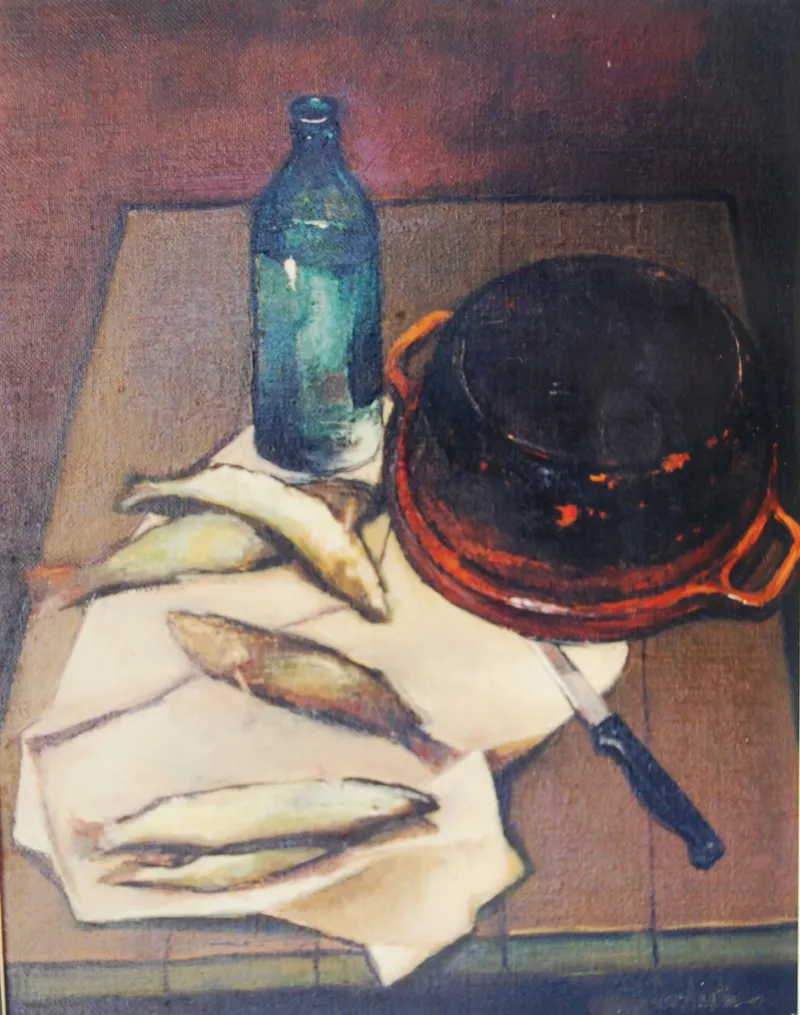A bottle, a pot and folded cloth — artwork by Andrei Constantin