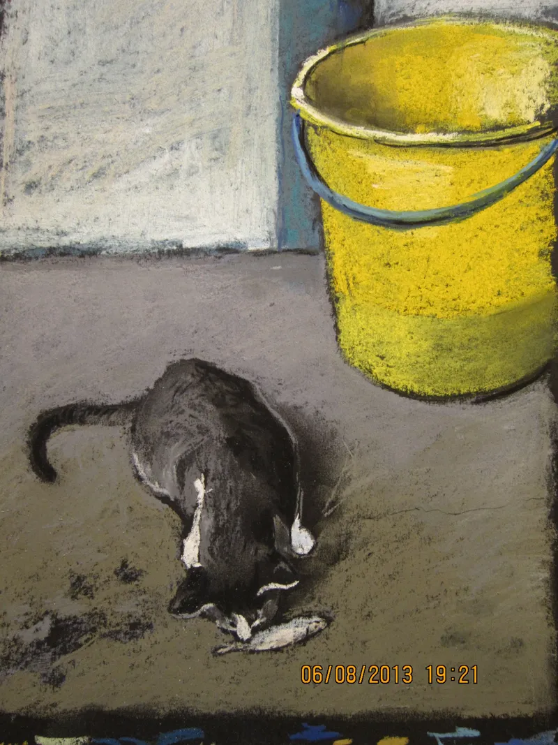 Study of a cat beside a yellow vessel — artwork by Andrei Constantin