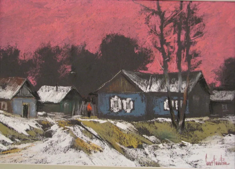 Village beneath a pink sky — artwork by Andrei Constantin