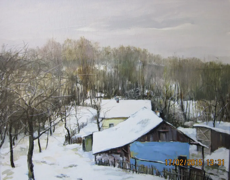 Blue houses on a snowy hillside — artwork by Andrei Constantin