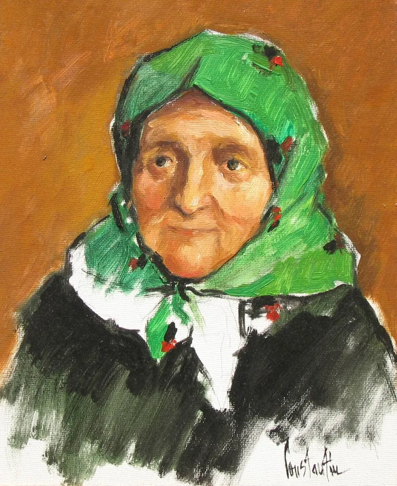 Portrait in a green headscarf — artwork by Andrei Constantin