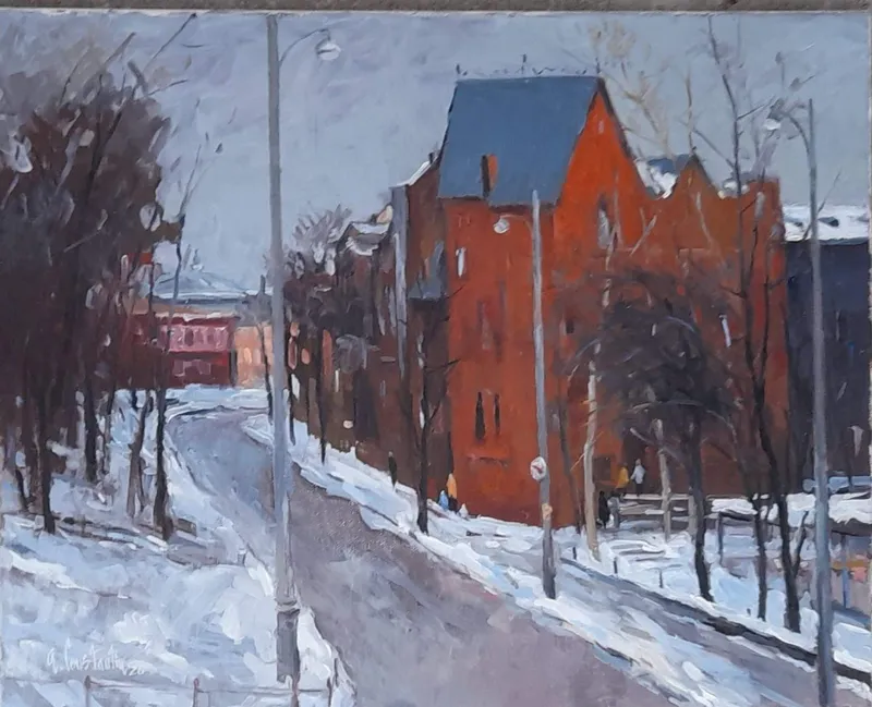 A red building in winter — artwork by Andrei Constantin