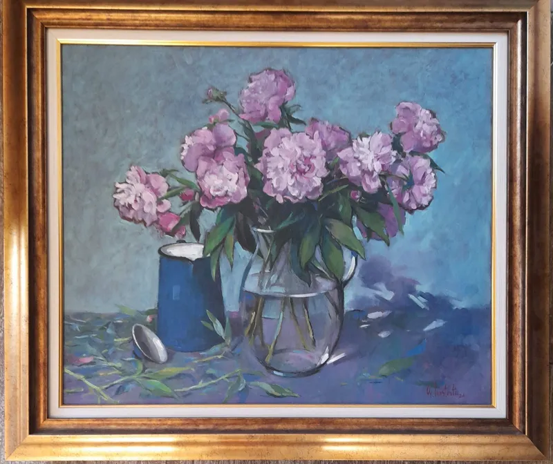 Pink roses on blue — artwork by Andrei Constantin