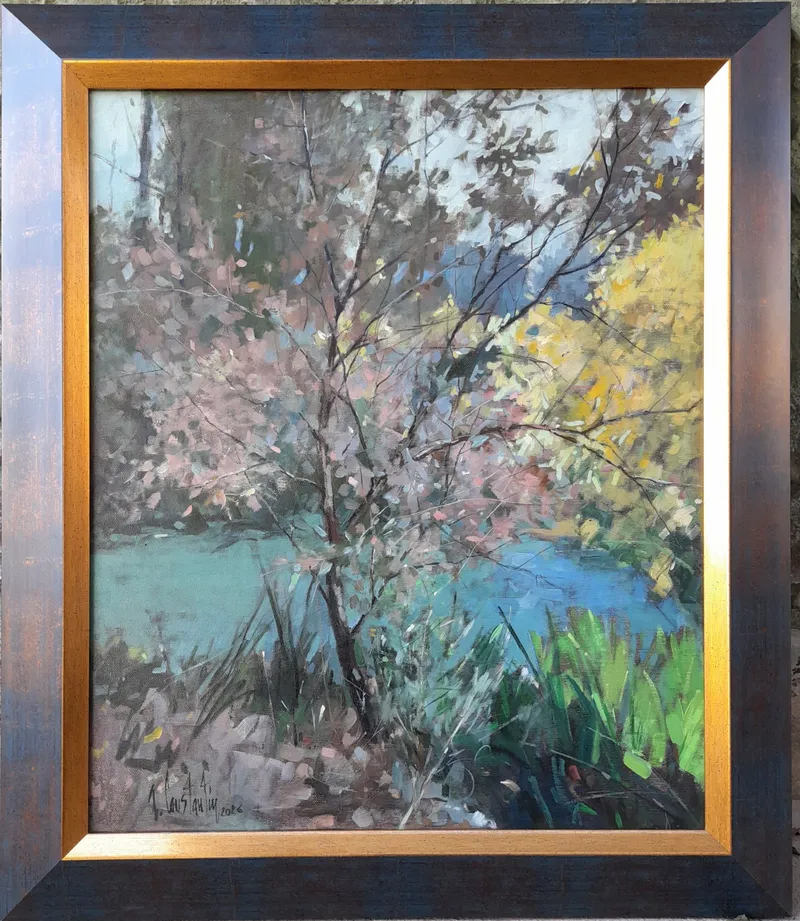 Blossoms beside blue water — artwork by Andrei Constantin
