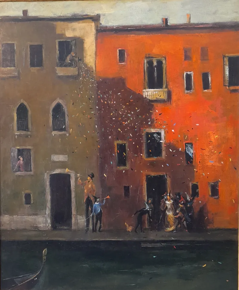 Figures beside a red building — artwork by Andrei Constantin