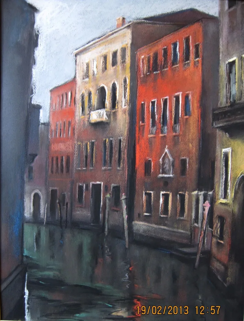 Tall houses along the water — artwork by Andrei Constantin