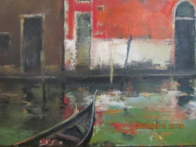 A gondola beside a red wall — artwork by Andrei Constantin