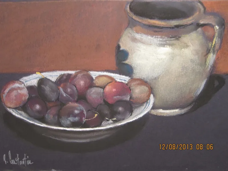 Plums and a ceramic pot — artwork by Andrei Constantin