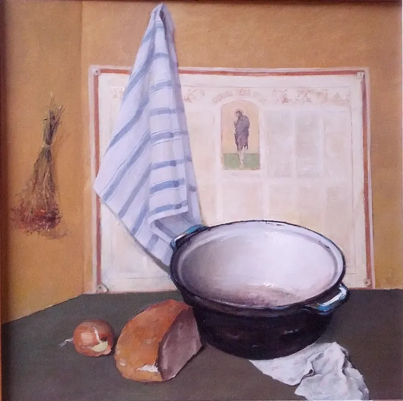 A pot, bread and striped cloth — artwork by Andrei Constantin